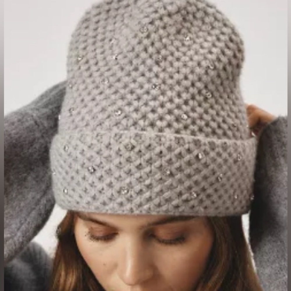 Anthropologie Maeve Rhinestone Waffle Knit Beanie Hat Light Gray Cozy Chic New